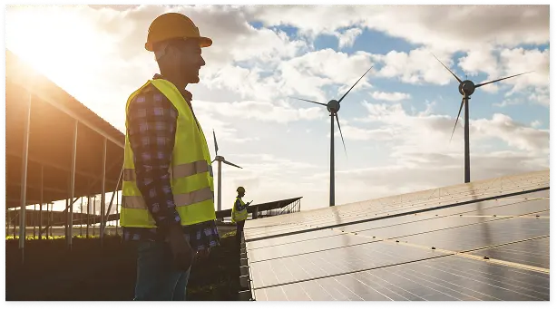 people working for solar panels and wind turbines